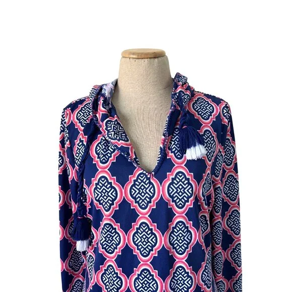 Cabana Life Women's  Sz S Hooded Tunic Cover-Up Dress Navy Pink Print W/ Tassels - Picture 4 of 12